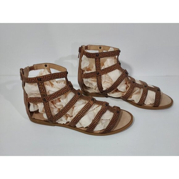 Lucky Brand Beverlee 7.5 Tan Greek Key Leather Flat Gladiator Sandals Cusion - Picture 3 of 9